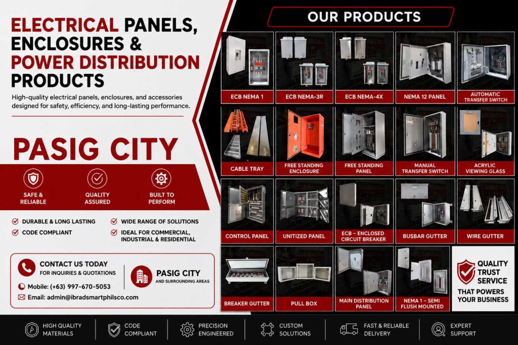ECB NEMA 1 Panel Supplier for Pasig, ECB NEMA 1 ECB NEMA-3R ECB NEMA-4X NEMA 12 PANEL AUTOMATIC TRANSFER SWITCH CABLE TRAY FREE STANDING ENCLOSURE FREE STANDING PANEL MANUAL TRANSFER SWITCH ACRYLIC VIEWING GLASS CONTROL PANEL UNITIZED PANEL ECB – ENCLOSED CIRCUIT BREAKER BUSBAR GUTTER WIRE GUTTER BREAKER GUTTER PULL BOX MAIN DISTRIBUTION PANEL NEMA 1 – SEMI FLUSH MOUNTED