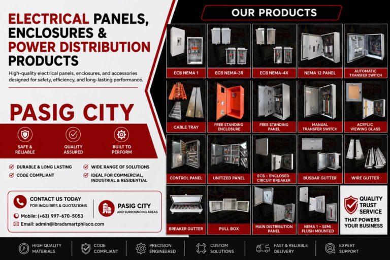 ECB NEMA 1 Panel Supplier for Pasig, ECB NEMA 1 ECB NEMA-3R ECB NEMA-4X NEMA 12 PANEL AUTOMATIC TRANSFER SWITCH CABLE TRAY FREE STANDING ENCLOSURE FREE STANDING PANEL MANUAL TRANSFER SWITCH ACRYLIC VIEWING GLASS CONTROL PANEL UNITIZED PANEL ECB – ENCLOSED CIRCUIT BREAKER BUSBAR GUTTER WIRE GUTTER BREAKER GUTTER PULL BOX MAIN DISTRIBUTION PANEL NEMA 1 – SEMI FLUSH MOUNTED