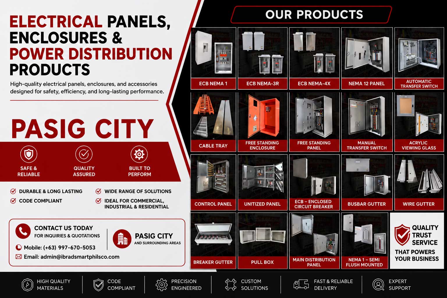 ECB NEMA 1 Panel Supplier for Pasig, ECB NEMA 1 ECB NEMA-3R ECB NEMA-4X NEMA 12 PANEL AUTOMATIC TRANSFER SWITCH CABLE TRAY FREE STANDING ENCLOSURE FREE STANDING PANEL MANUAL TRANSFER SWITCH ACRYLIC VIEWING GLASS CONTROL PANEL UNITIZED PANEL ECB – ENCLOSED CIRCUIT BREAKER BUSBAR GUTTER WIRE GUTTER BREAKER GUTTER PULL BOX MAIN DISTRIBUTION PANEL NEMA 1 – SEMI FLUSH MOUNTED